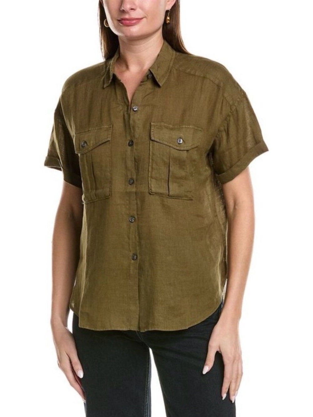 ALEX MILL Utility Linen Shirt In Deep Olive Short Sleeve Shirt